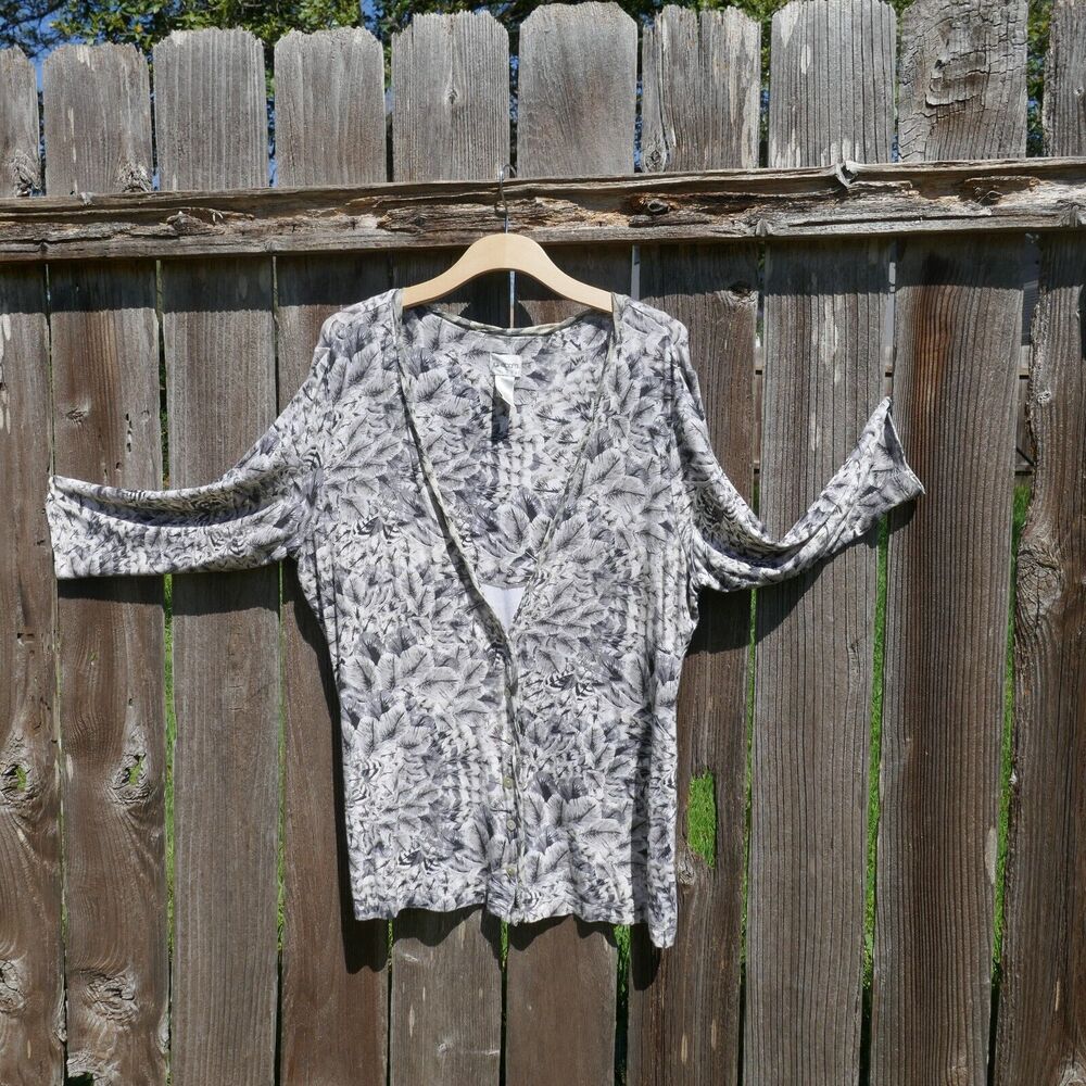 Chico’s Smoky Fanfare Dalian Cardigan Sweater Gray Leaf Lightweight Button XL 16